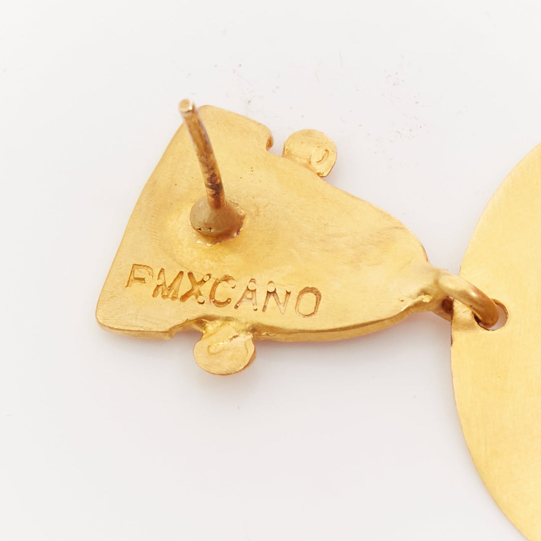 PMX CANO gold metal geometric tribal face beige tassel pin earrings Pair