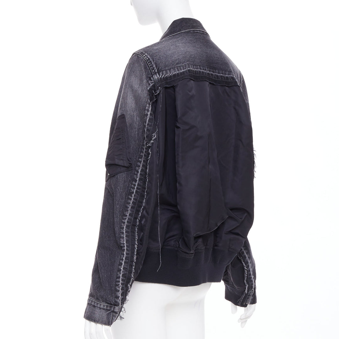 SACAI 2019 grey washed cotton blend denim black nylon hybrid jacket JP2 M