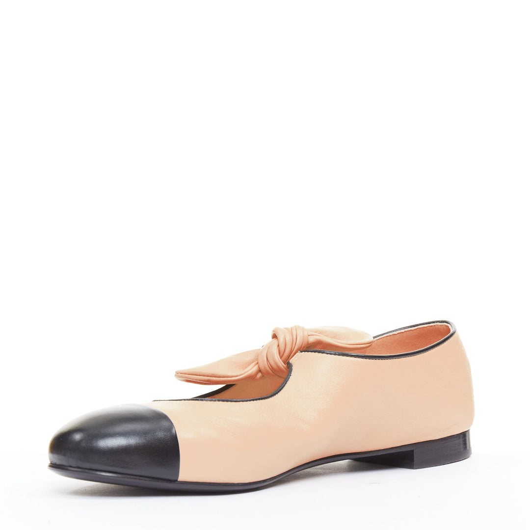 CHANEL 2024 beige lambskin leather ribbon bow CC logo mary jane flats EU40