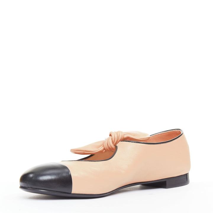 CHANEL 2024 beige lambskin leather ribbon bow CC logo mary jane flats EU40