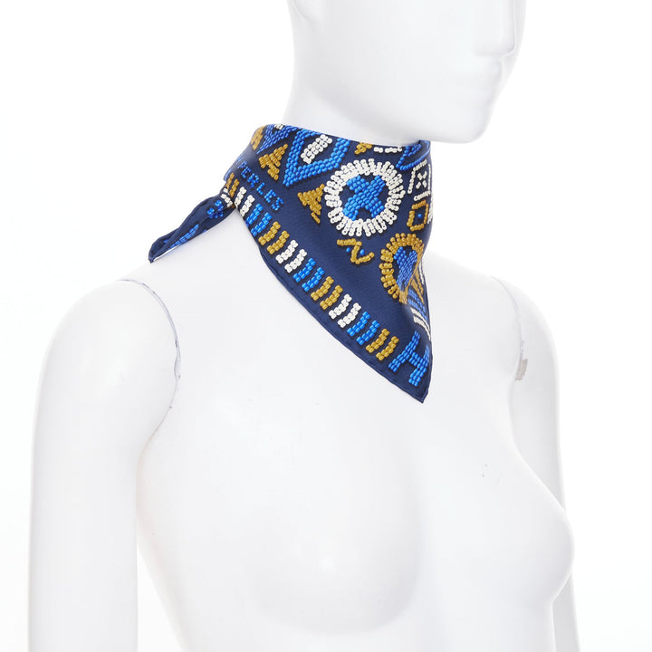 HERMES Gavroche 45 Kelly en Perles bead print navy blue silk twill scarf