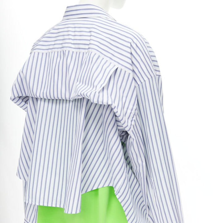 BALENCIAGA 2017 green tshirt blue striped shirt 2 way draped top FR34 XS