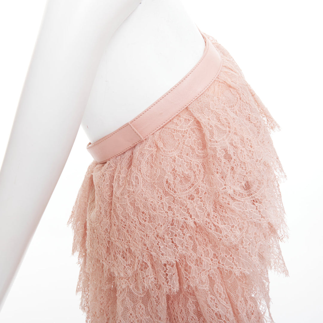 ALEXANDER MCQUEEN 2007 Runway pink lace leather cascade drape ruffle top IT38 XS