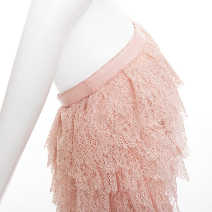 ALEXANDER MCQUEEN 2007 Runway pink lace leather cascade drape ruffle top IT38 XS