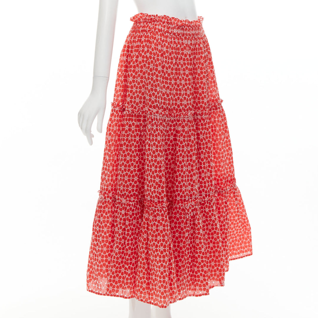 LISA MARIE FERNANDEZ red cotton white embroidery eyelet ruffle midi skirt US2 S