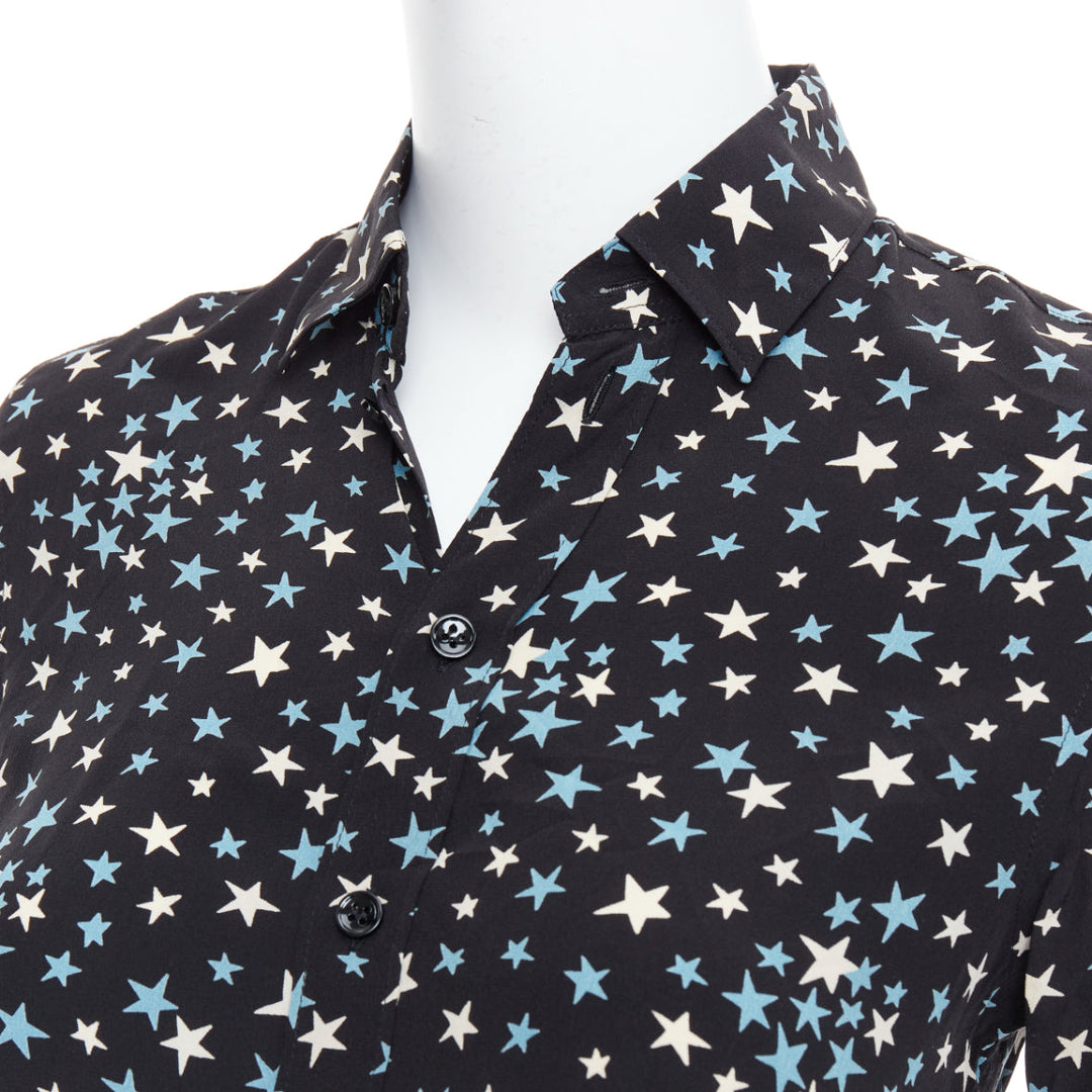 SAINT LAURENT 2016 100% silk blue black white star print shirt FR34 XS