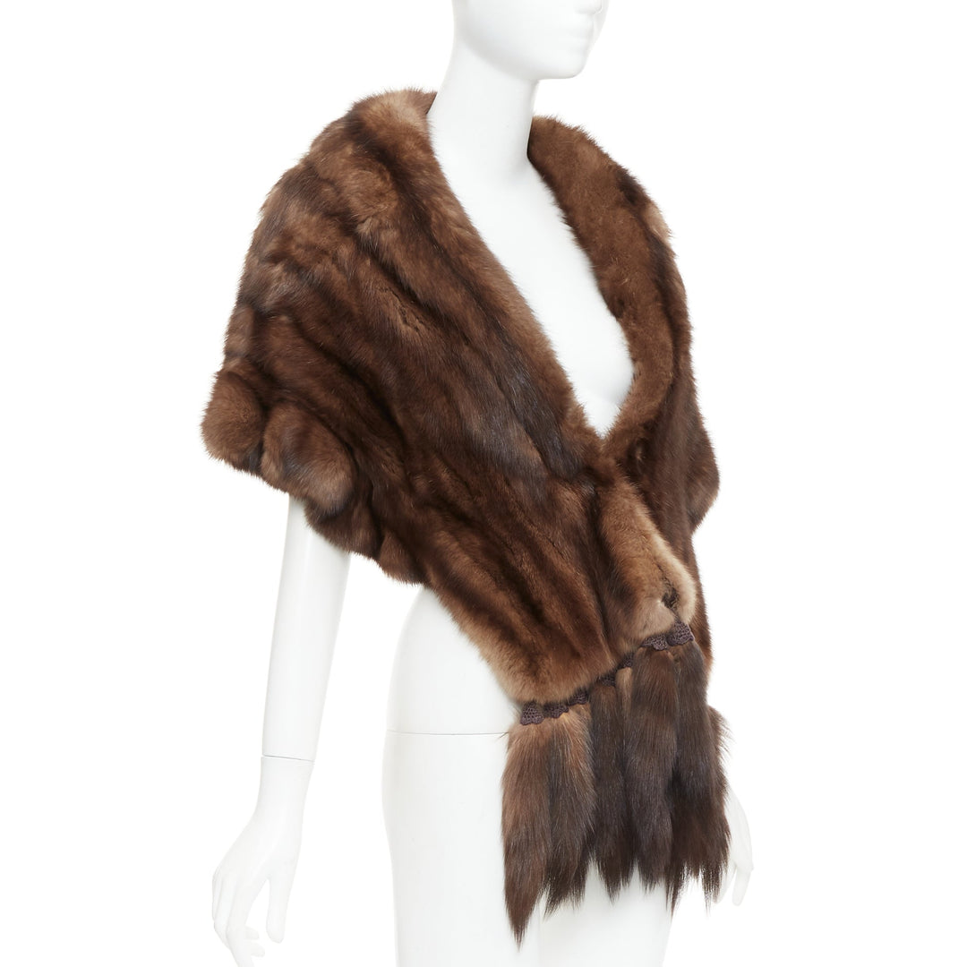 FLAMINGO brown real Russian fur tassel tiered shawl scarf stole