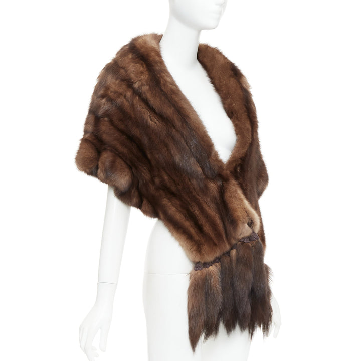 FLAMINGO brown real Russian fur tassel tiered shawl scarf stole