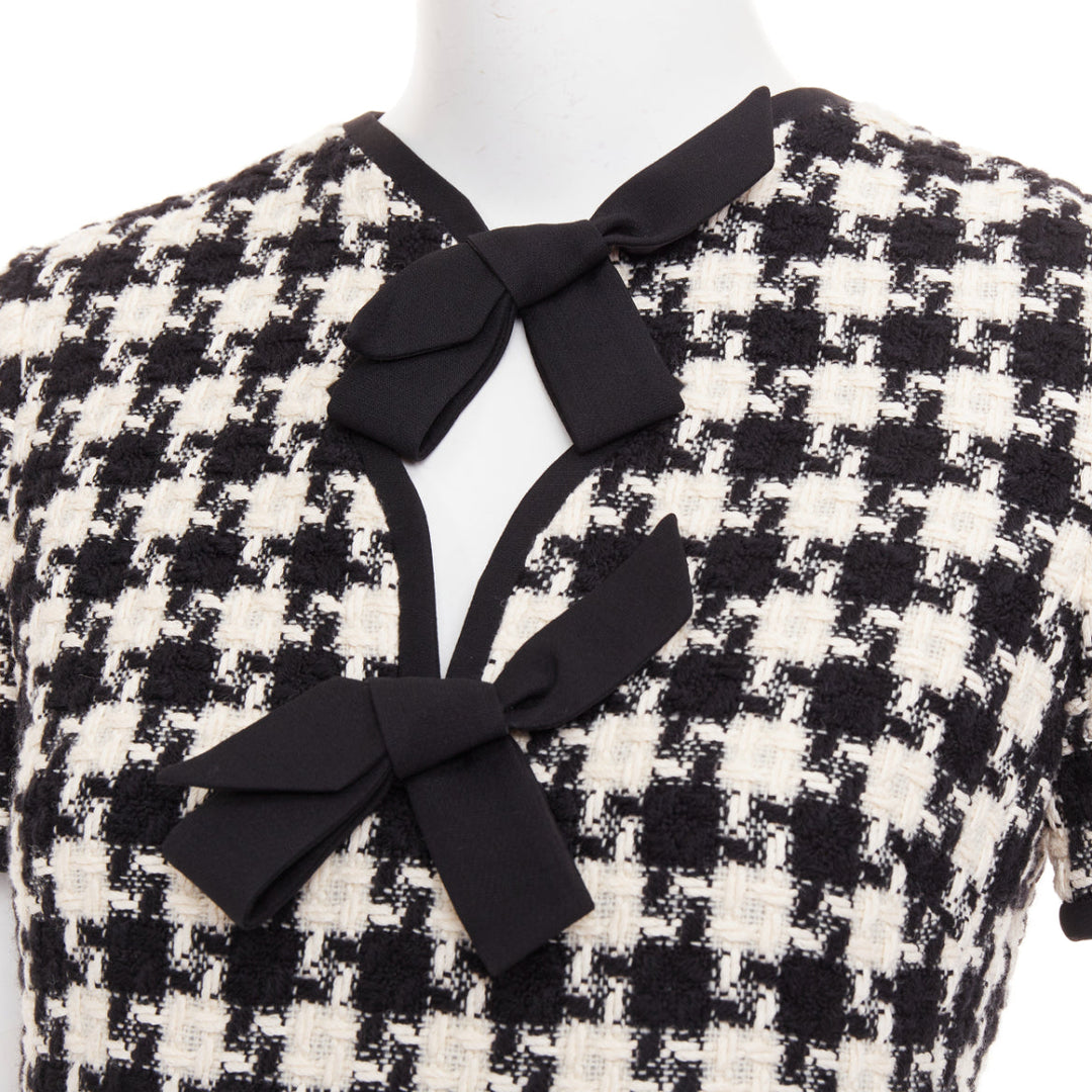 VALENTINO 2024 black white houndstooth tweed cutout bow mini dress IT40 S