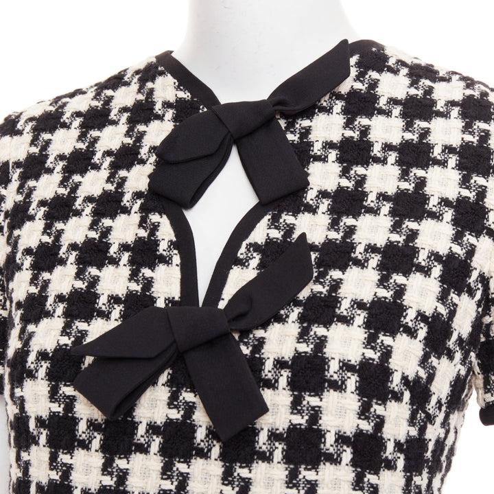 VALENTINO 2024 black white houndstooth tweed cutout bow mini dress IT40 S