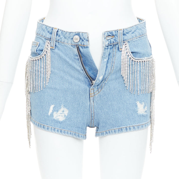 CHIARA FERRAGNI blue crystal fringe distressed denim short shorts XS