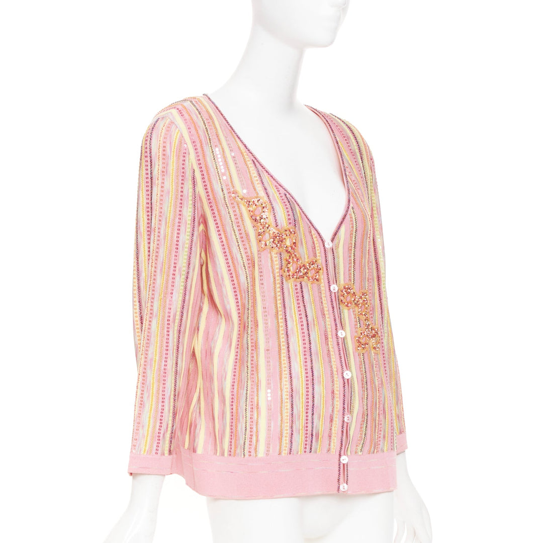 ESCADA vintage pink multi stripe sequin beaded v neck knit cardigan top FR42 XL