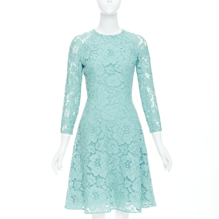 OSCAR DE LA RENTA P16 turquoise green cotton blend floral lace dress US0 XS