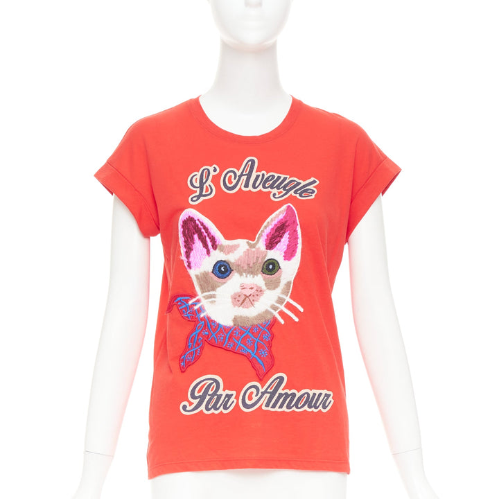 GUCCI L'Aveugle Par Amour red cat embroidered short sleeve t-shirt S