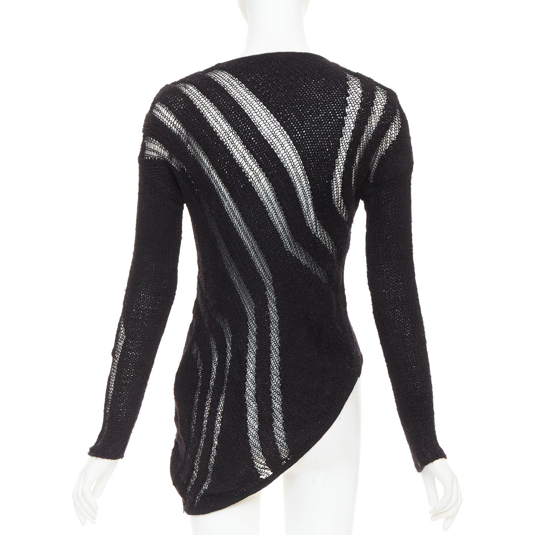 HELMUT LANG black graphic sheer lattice knit asymmetric hem knitted sweater P XS