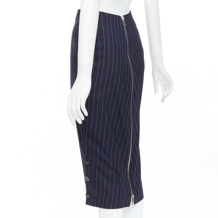 VICTORIA BECKHAM 100% wool navy pinstriped 2-way zip pencil skirt UK6 XS