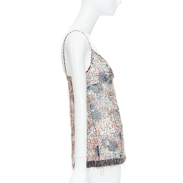 CHANEL 02A beige red sequin fringe applique sheer camisole FR38 M