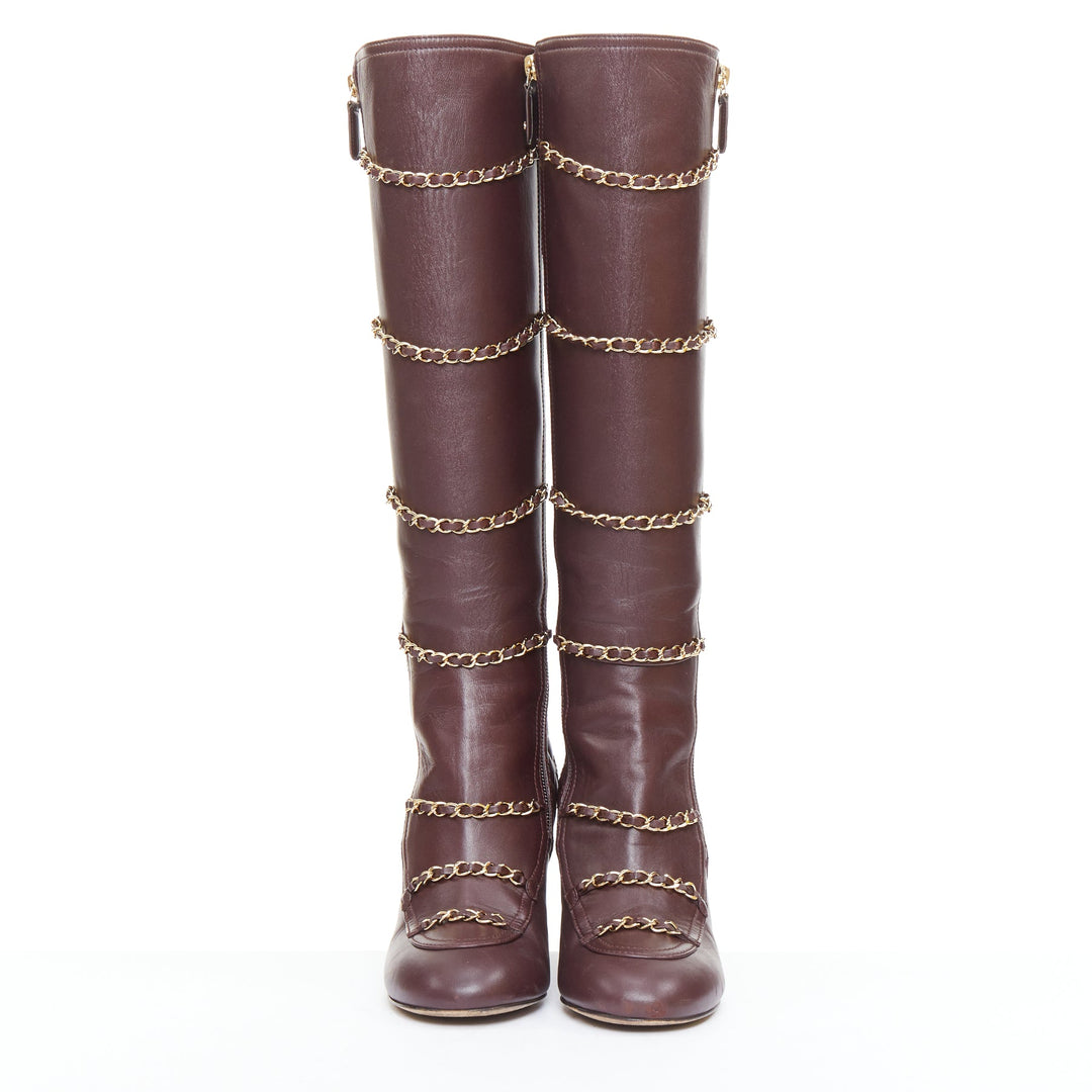 CHANEL 2017 Karl Lagerfeld burgundy lambskin gold chain quilted boots EU36.5