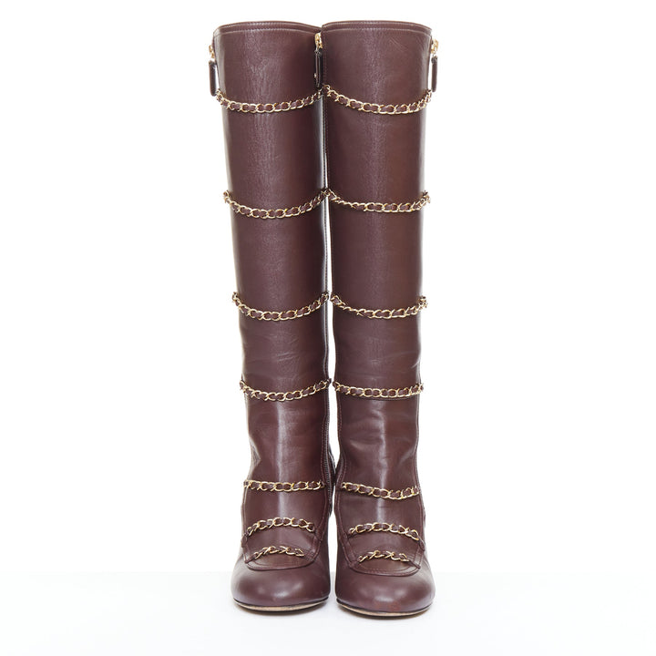 CHANEL 2017 Karl Lagerfeld burgundy lambskin gold chain quilted boots EU36.5