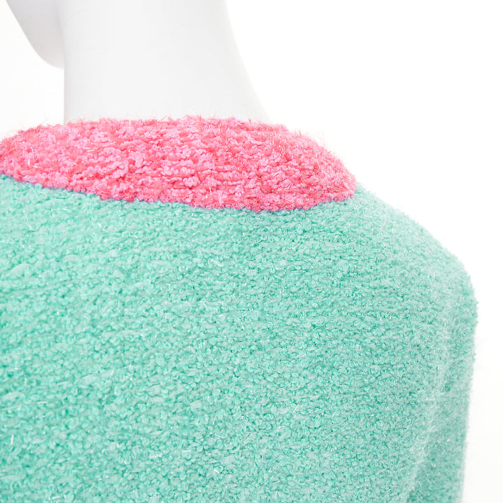 BALMAIN 2024 green pink boucle lurex buttoned knit cardigan FR34 XS