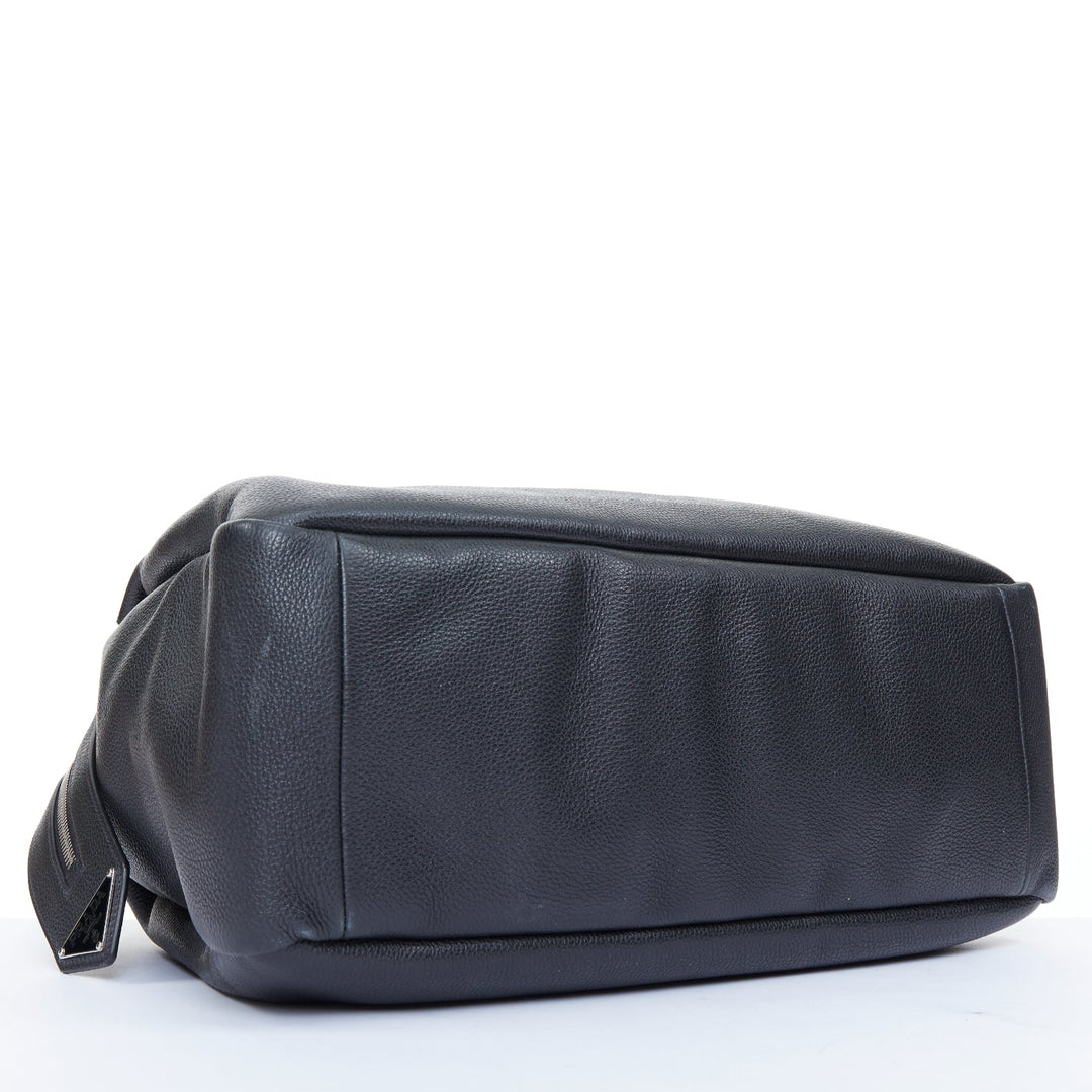 PRADA Vitello Daino metal logo black pebbled calfskin travel weekender tote bag