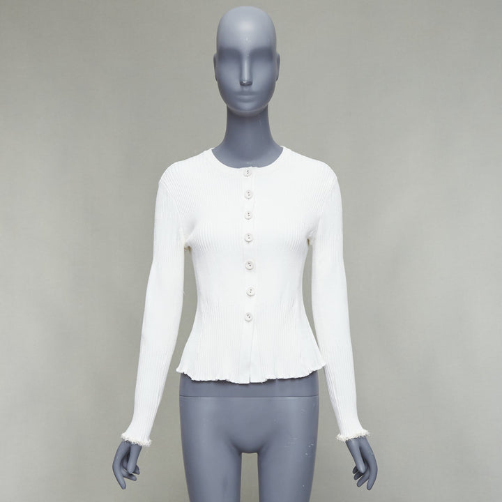 PROENZA SCHOULER white fabric button ribbed fringe trim cardigan M