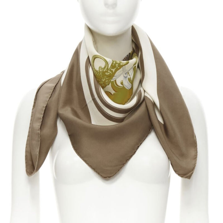 Female mannequin wearing Hermes Hugo Grygkar Brides de Gala Brown Silk Women Scarf in Size  | Available at JHROP