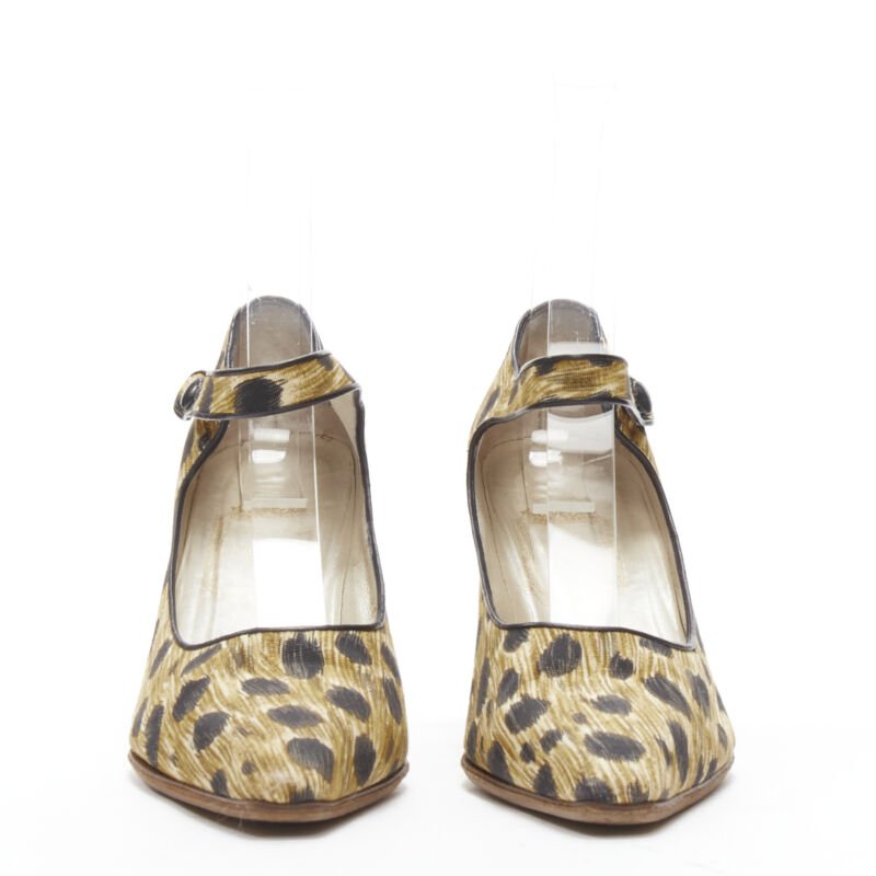 CHRISTIAN DIOR Vintage brown leopard print fabric ankle strap pump EU36.5