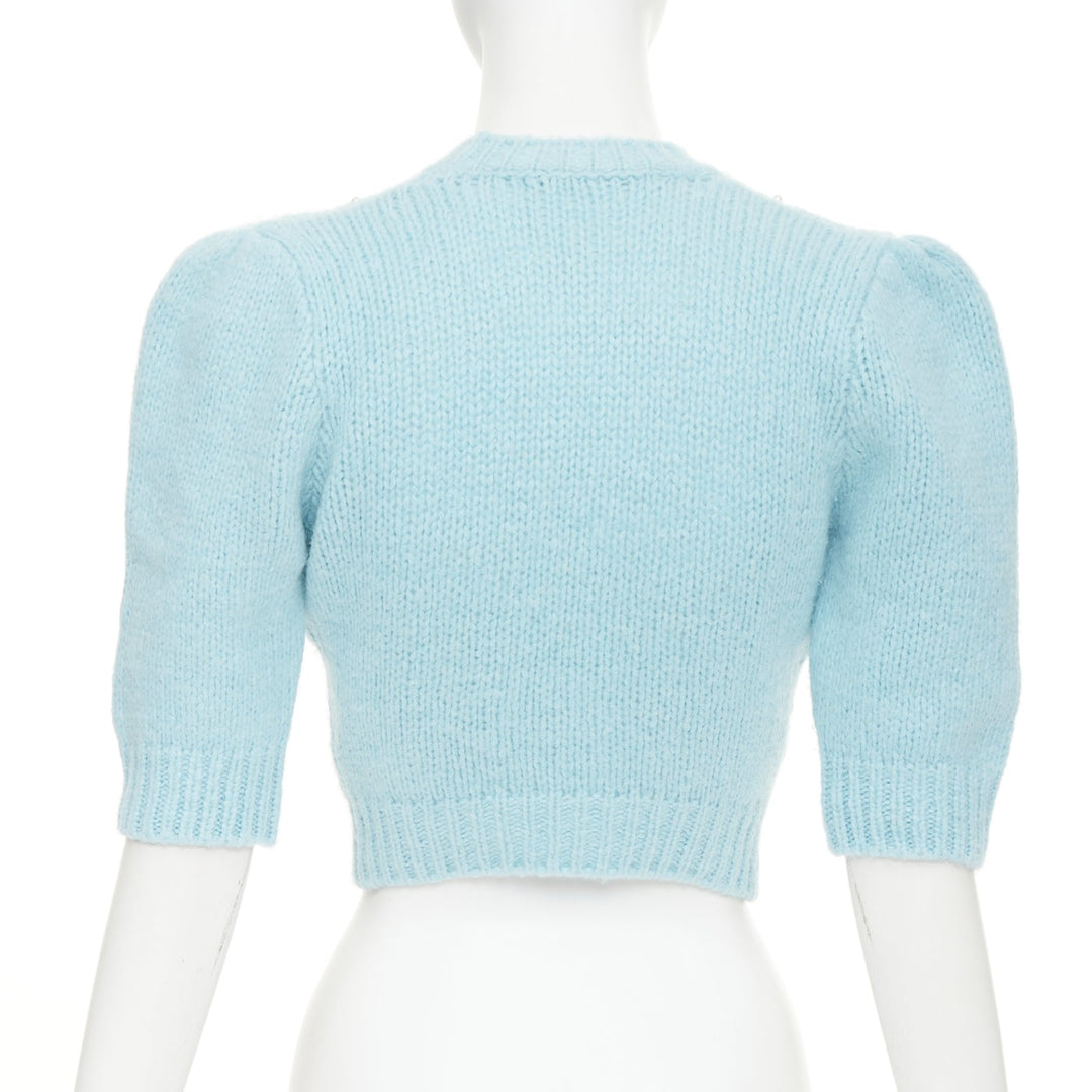 ALESSANDRA RICH pastel blue alpaca pearl embellished cable sweater IT36 XXS