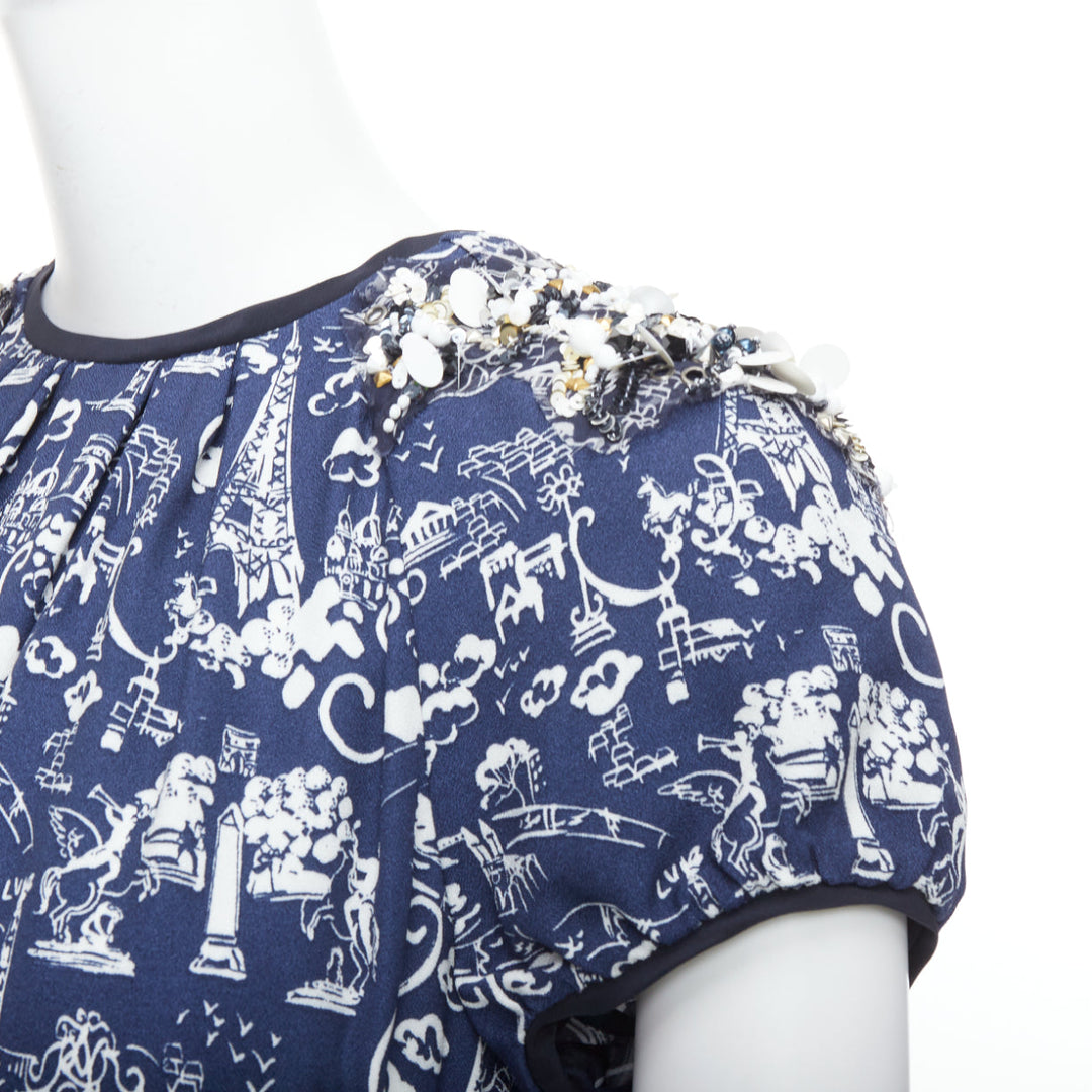 LOUIS VUITTON navy Paris City print embellished neckline dress FR36 S