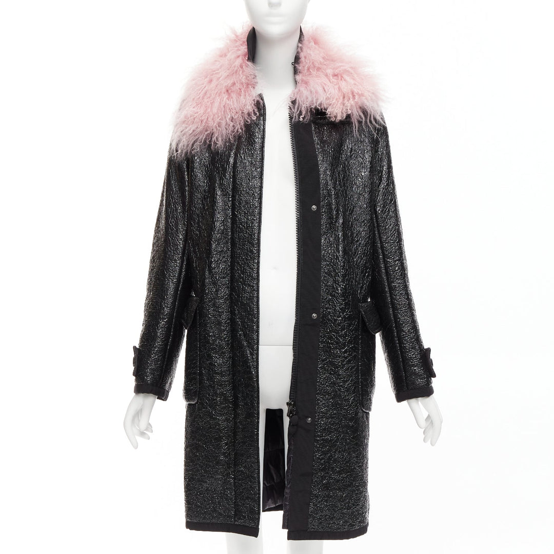 MONCLER pink tibet lamb fur black patent cotton virgin wool blend coat Sz1 M