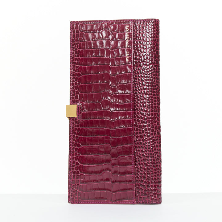SMYTHSON Mara burgundy croc embossed high gloss teal clasp passport cover