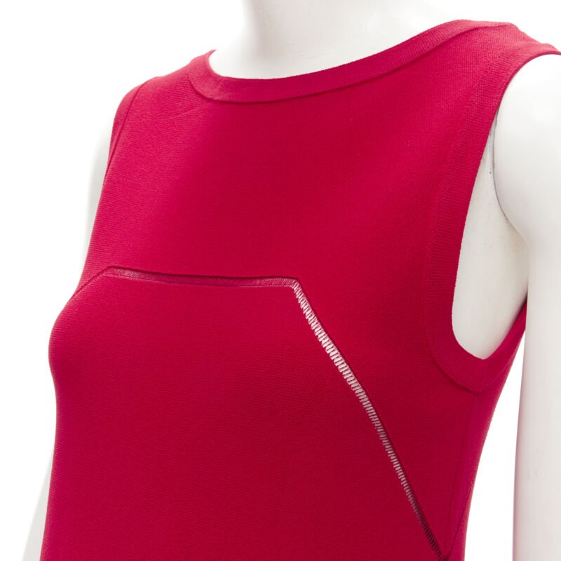 ALAIA red viscose knit geometric lattice seam sleeveless A-line dress FR38 S