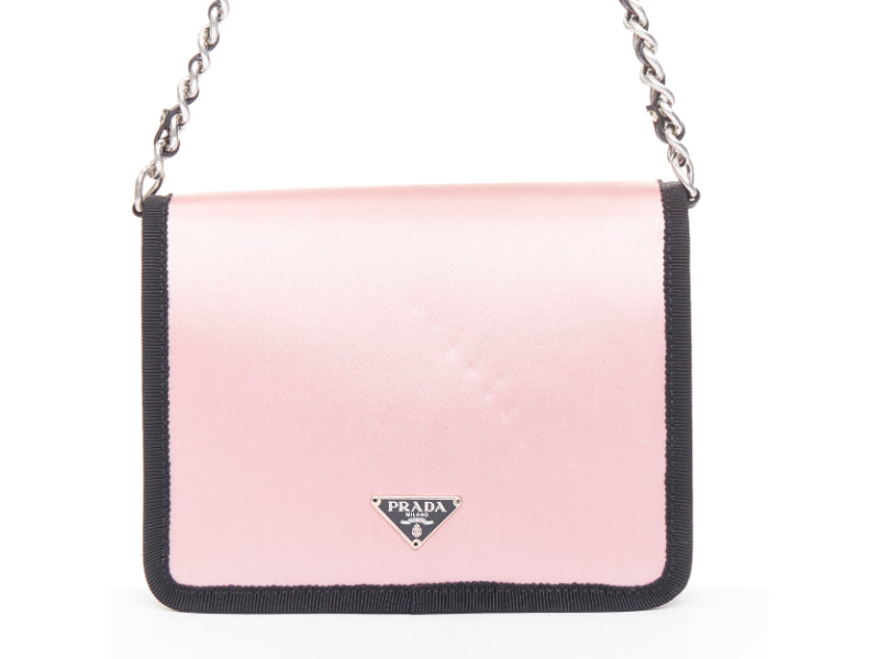 rare PRADA 2003 Vintage baby pink silk satin black grosgrain bow chain bag