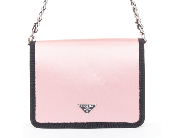 rare PRADA 2003 Vintage baby pink silk satin black grosgrain bow chain bag