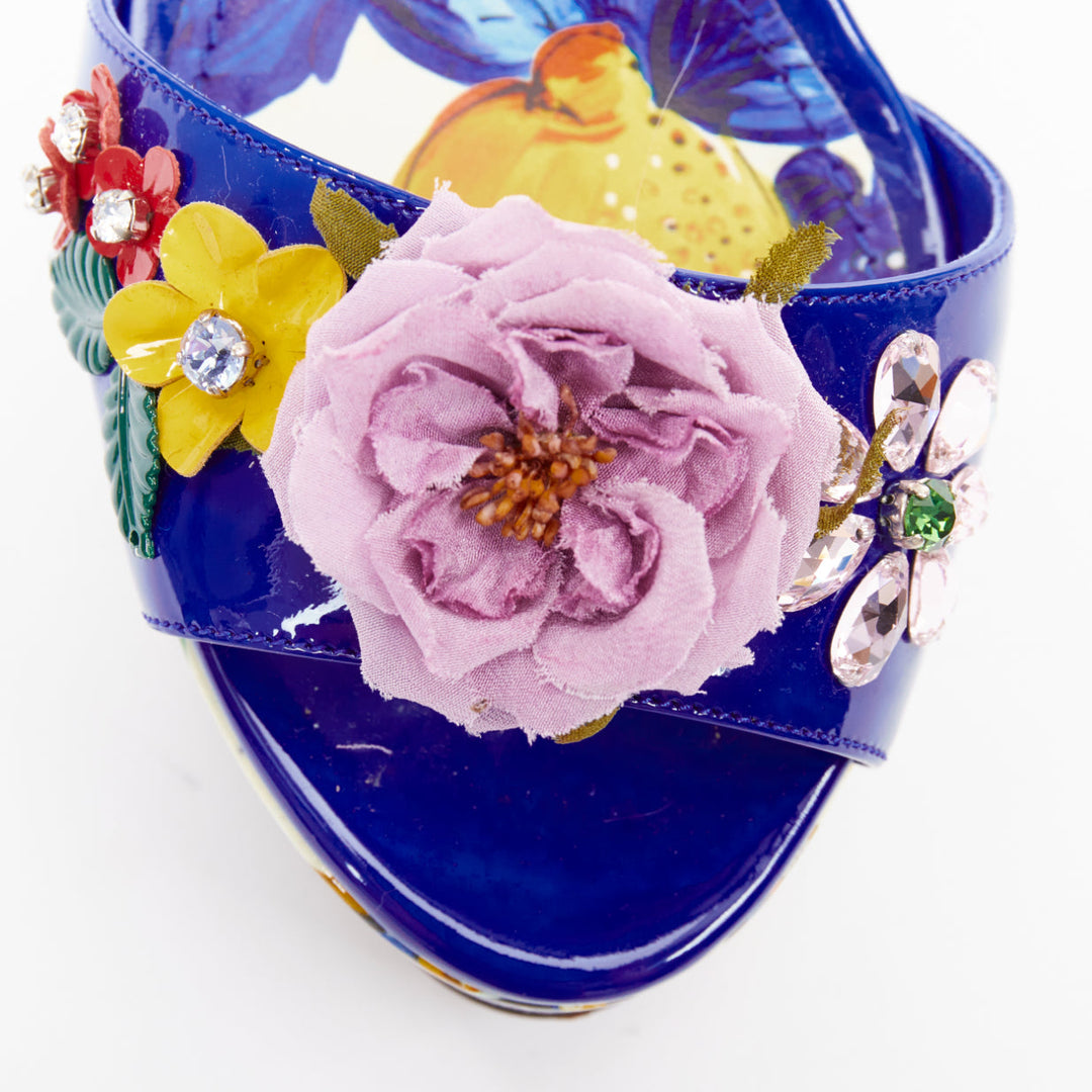DOLCE GABBANA Bianca blue Majolica print floral embellish platform wedges EU38.5