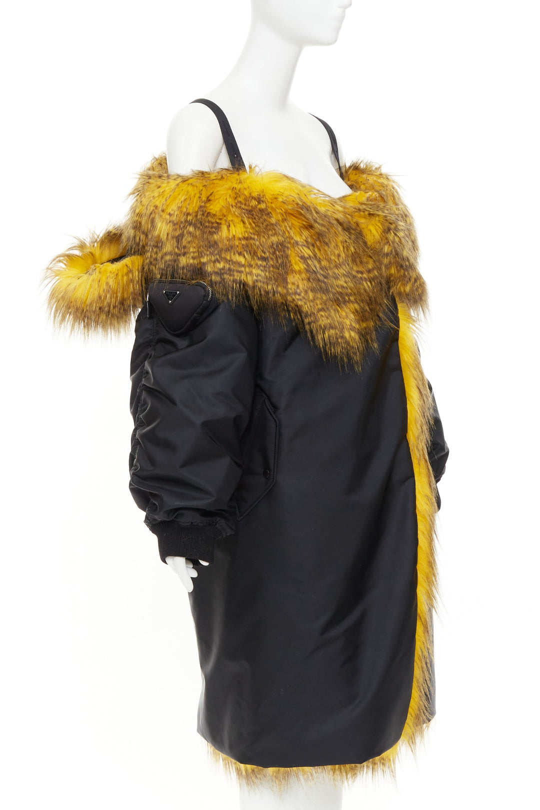 rare PRADA 2021 Raf Simons Runway yellow fur black off shoulder bomber IT38 XS