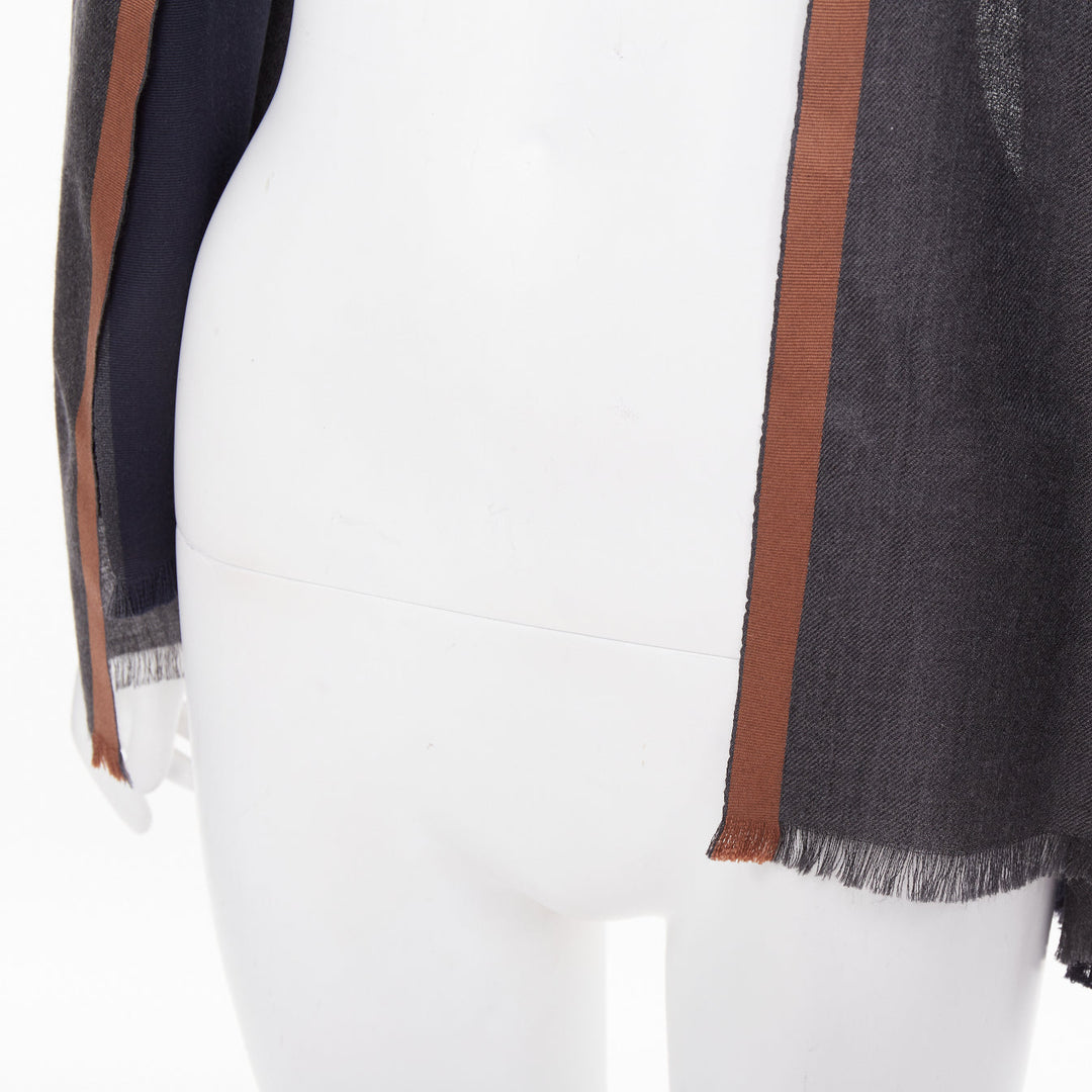 LORO PIANA Balat Stola grey navy camel cashmere silk fringe lightweight scarf