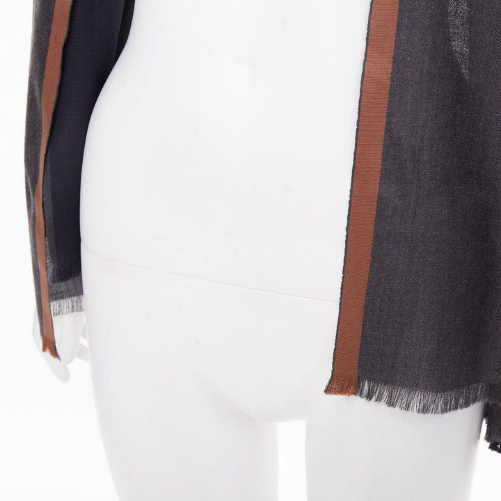 LORO PIANA Balat Stola grey navy camel cashmere silk fringe lightweight scarf