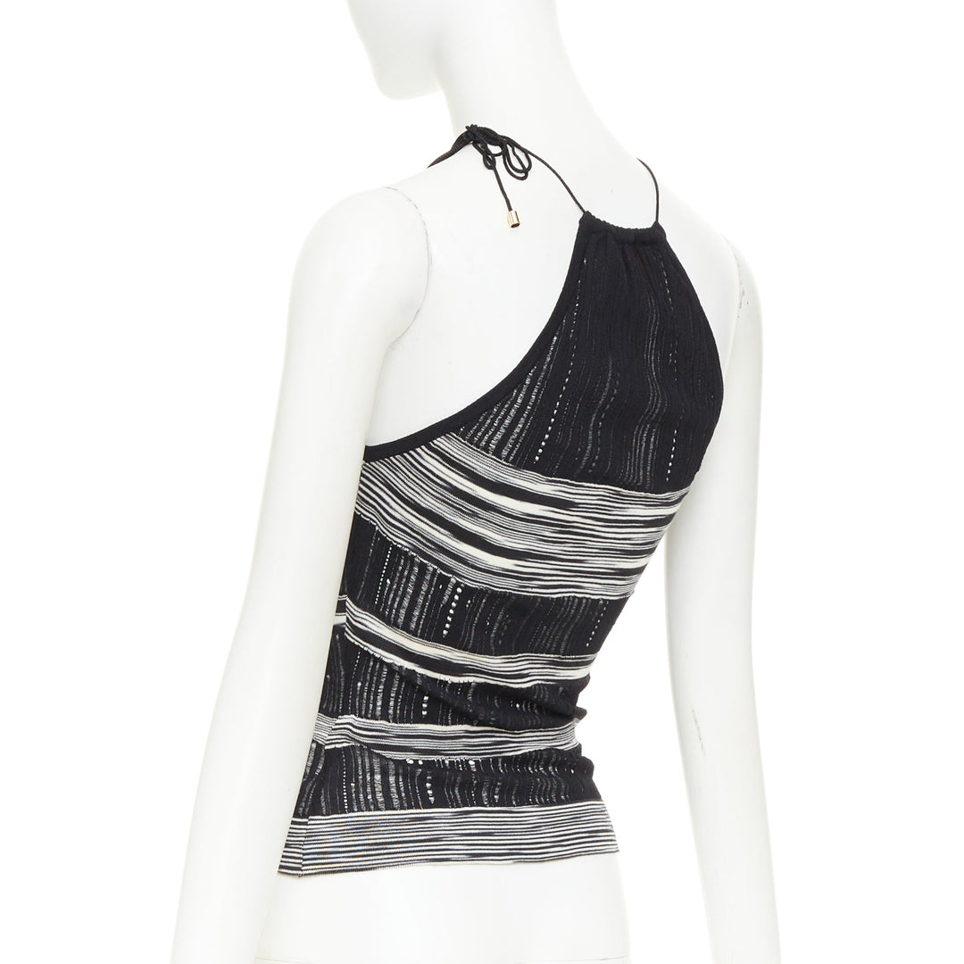 MISSONI black white cotton multi horizontal striped open knit halter top IT38 XS