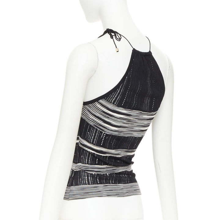 MISSONI black white cotton multi horizontal striped open knit halter top IT38 XS