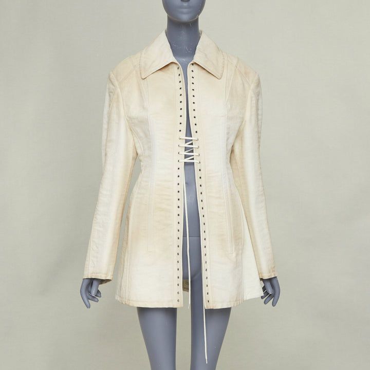 PRADA 2022 Runway Slub beige wash effect canvas lace up corset jacket IT36 XXS