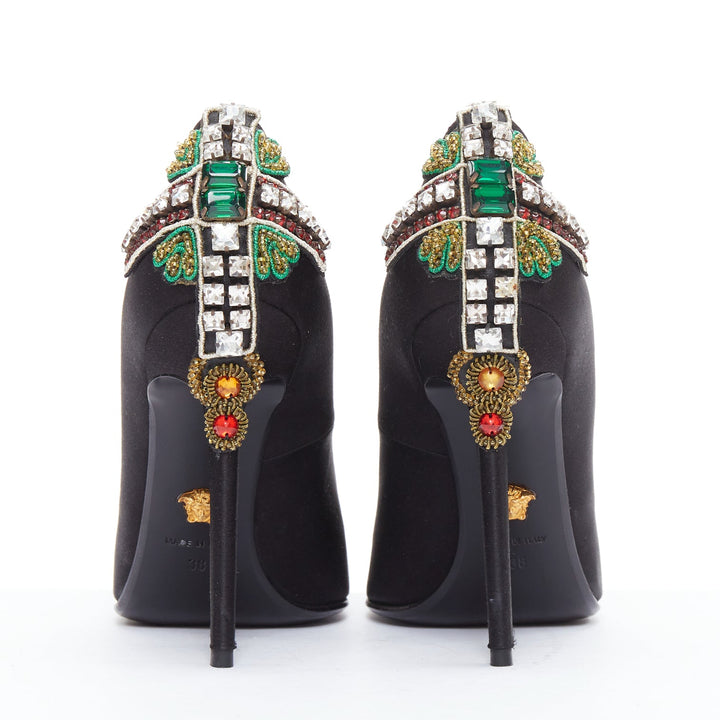 VERSACE 2018 black satin byzantine cross encrusted heels EU38