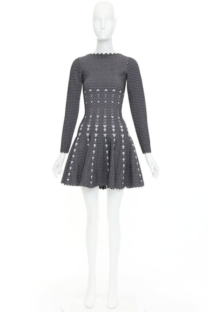 ALAIA black grey virgin wool blend dot graphic skater fit flared dress FR36 S