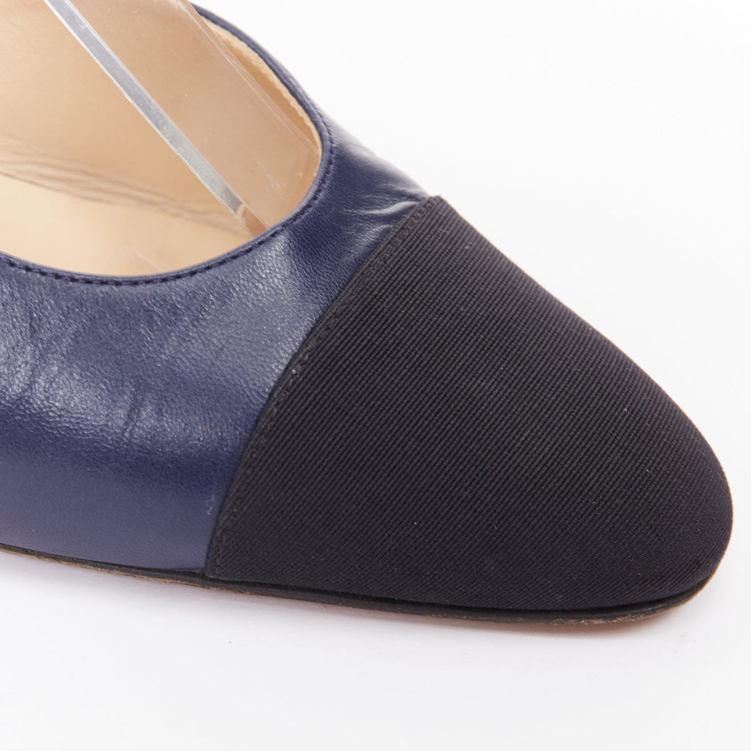 CHANEL navy blue leather black grosgrain cap toe slip on slingback pumps EU38