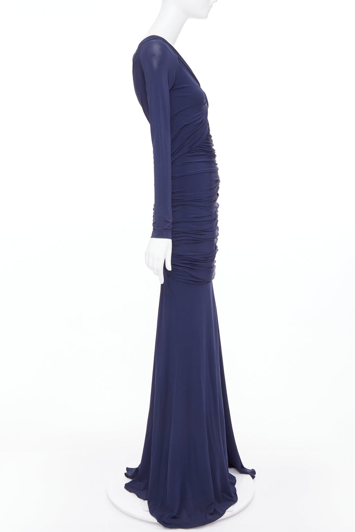 DONNA KARAN navy cold shoulder lunge neck draped grecian gown dress L