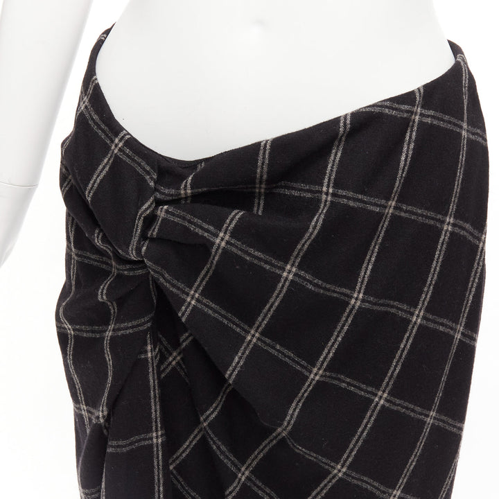 LANVIN 2015 grey black checked wool blend drape knot midi skirt FR38 M