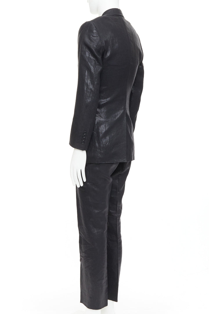 DOLCE GABBANA black linen metallic coated half canvas flap pocket suit IT44 XS