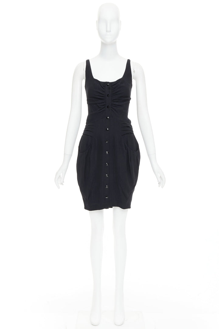 BALMAIN black lurex pinstripe ruched front scoop neck curvy mini dress FR36 S