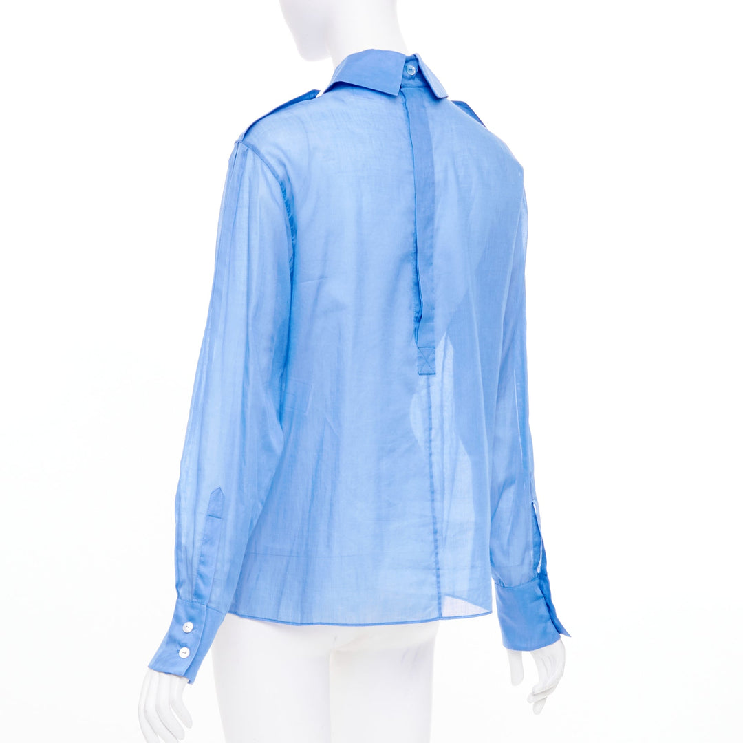 CHANEL sheer panel blue cotton double breasted epaulet button shirt FR38 M